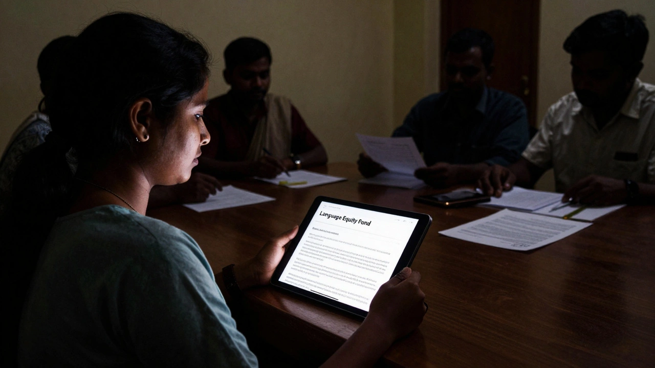 A woman in rural Bangladesh viewing a Wikipedia article in her language, with board members in shadow behind her.