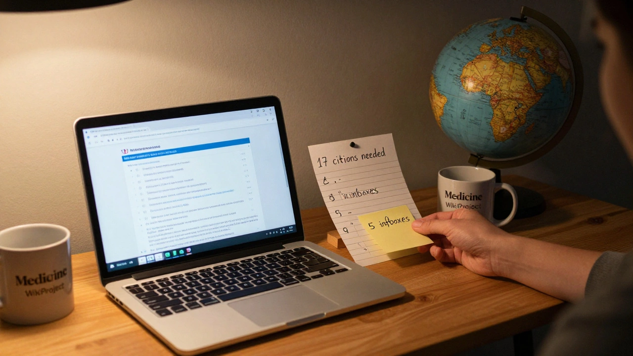 A wooden desk with a Wikipedia WikiProject page, to-do list, and globe, showing collaborative editing.