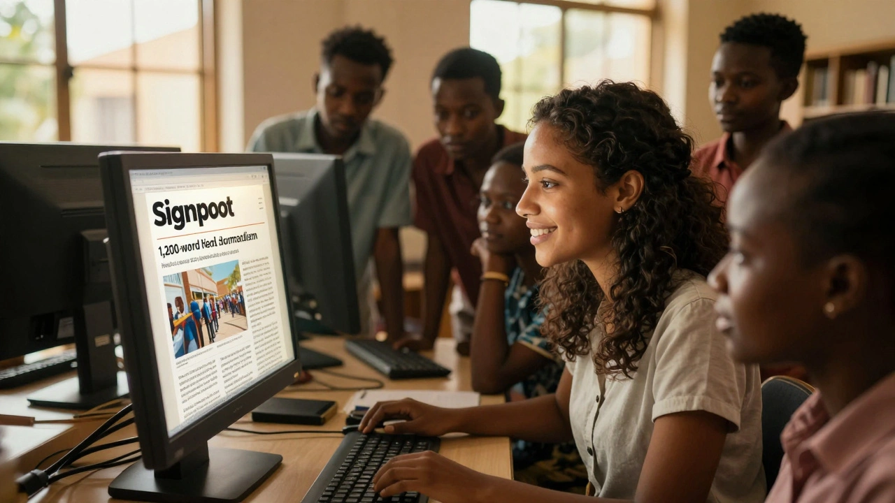 A young woman in Nairobi showing her published Wikipedia article to students and librarians in a library.