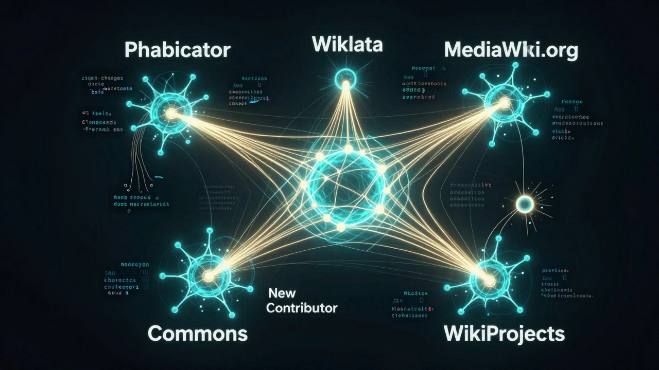 Abstract neural network of Wikimedia platforms glowing with flowing contributions, sparked by a new contributor node.