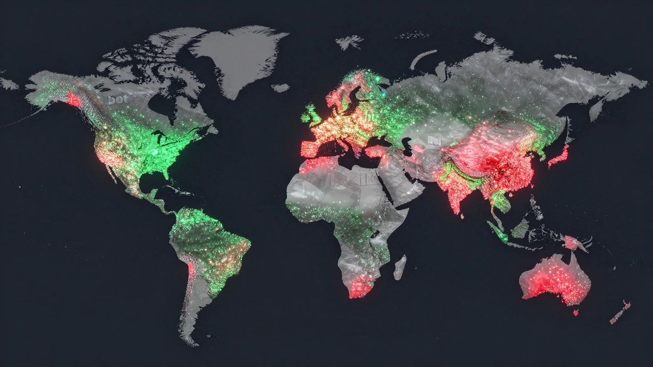Abstract representation of global bot activity on Wikipedia, with glowing edit patterns across continents.