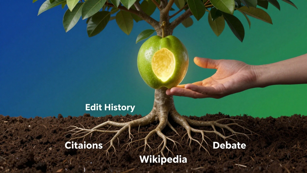 Abstract tree with Wikipedia roots and hollow AI fruit, symbolizing the loss of depth in automated knowledge summaries.