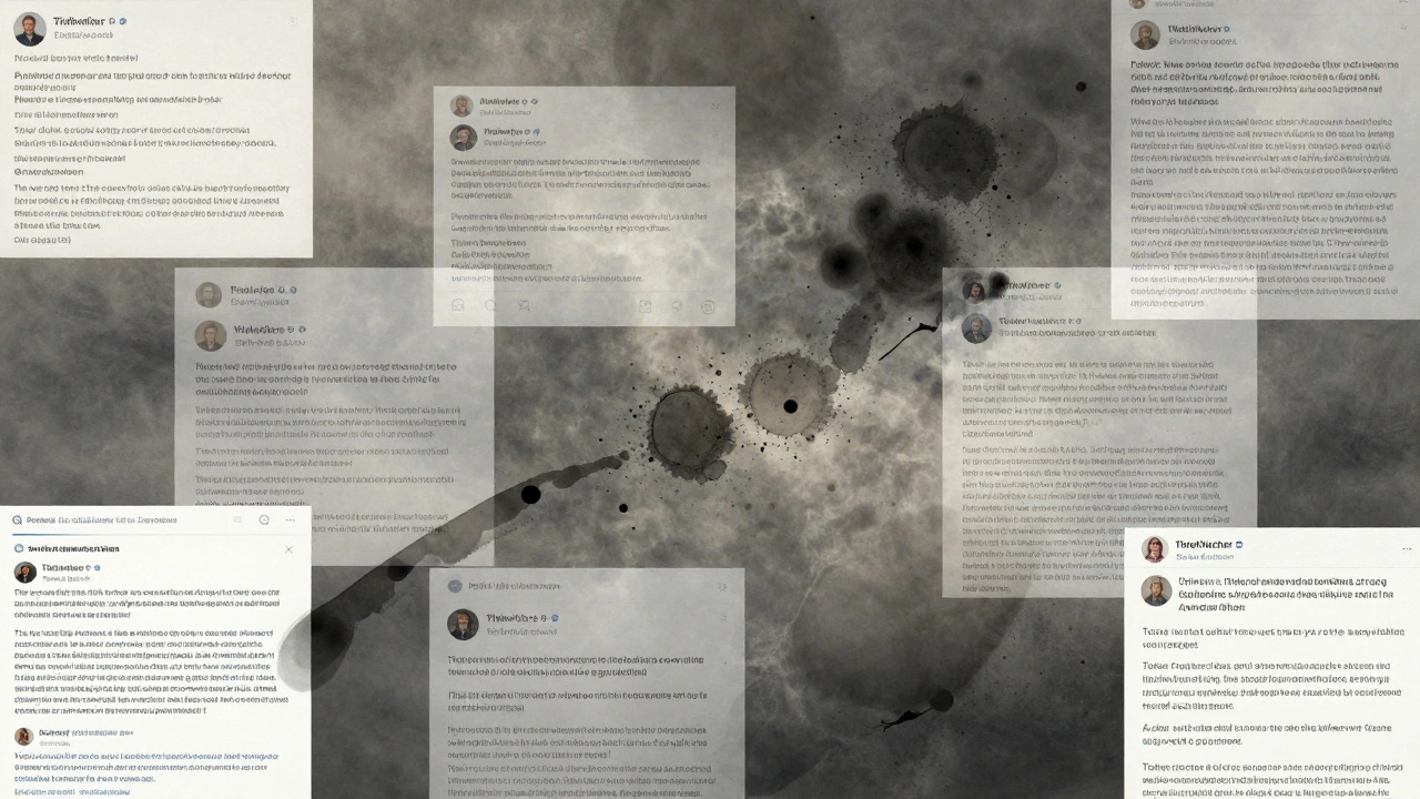 An abstract collage of Wikipedia talk pages, edit timestamps, and pseudonyms floating in a stormy gray landscape.