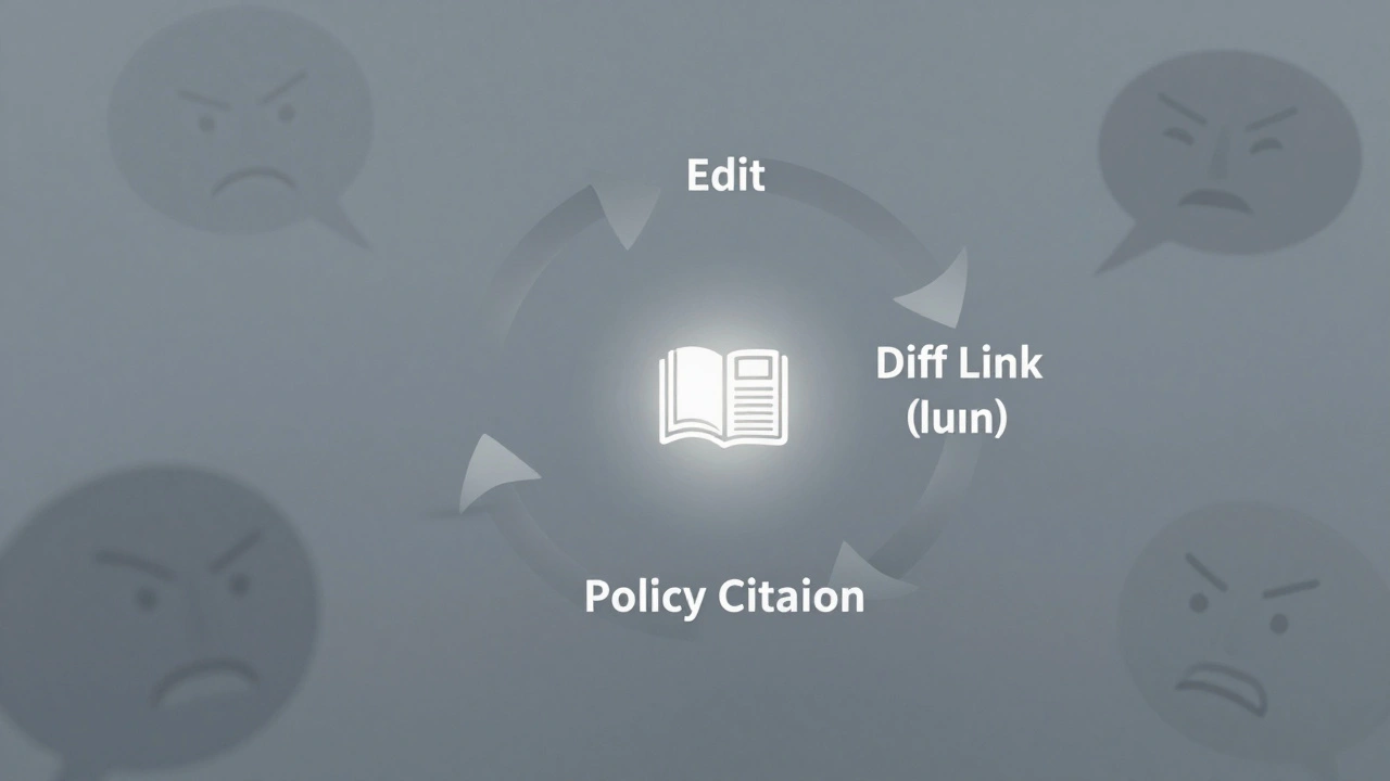 An abstract diagram showing edit, diff, and policy citation as connected elements in dispute resolution.