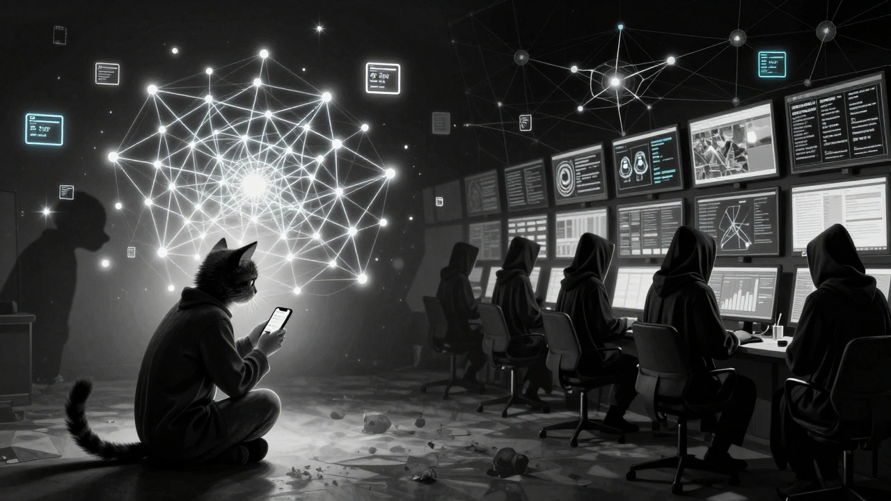 An abstract scene of a vandal with changing IPs versus a team of editors analyzing a web of connections under glowing screens.