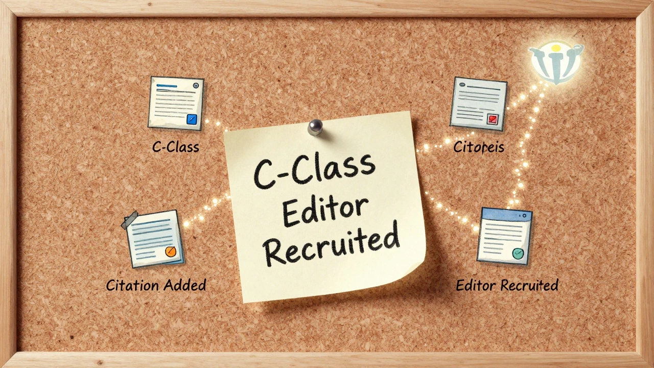 An abstract visual metaphor of a WikiProject's legacy, with article improvements floating toward a distant Wikipedia logo.