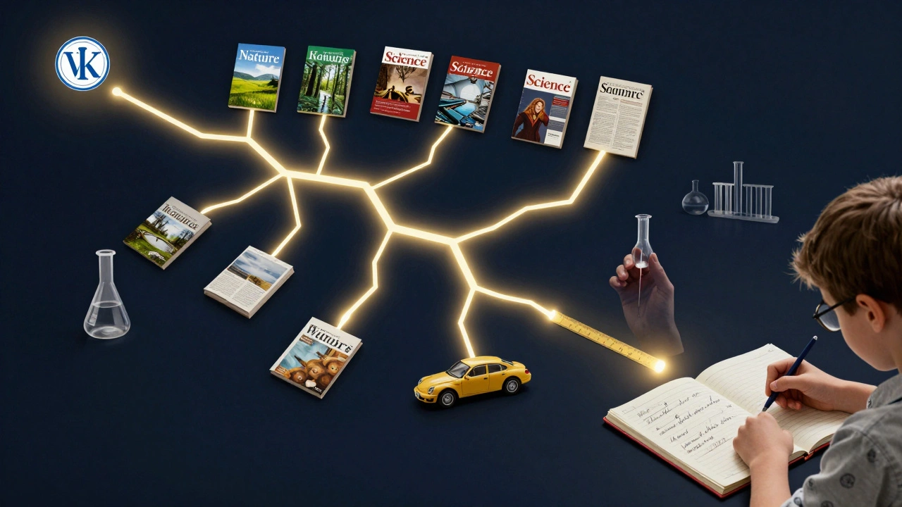 An abstract visual trail connecting Wikipedia to scientific journals and hands conducting lab experiments, symbolizing the journey from research to discovery.