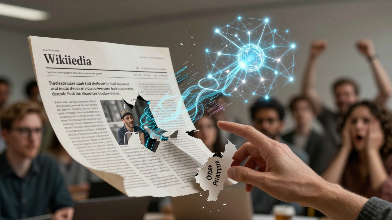 An AI neural network weaves false citations over a fading oral history fragment, symbolizing digital erasure of non-digital knowledge.