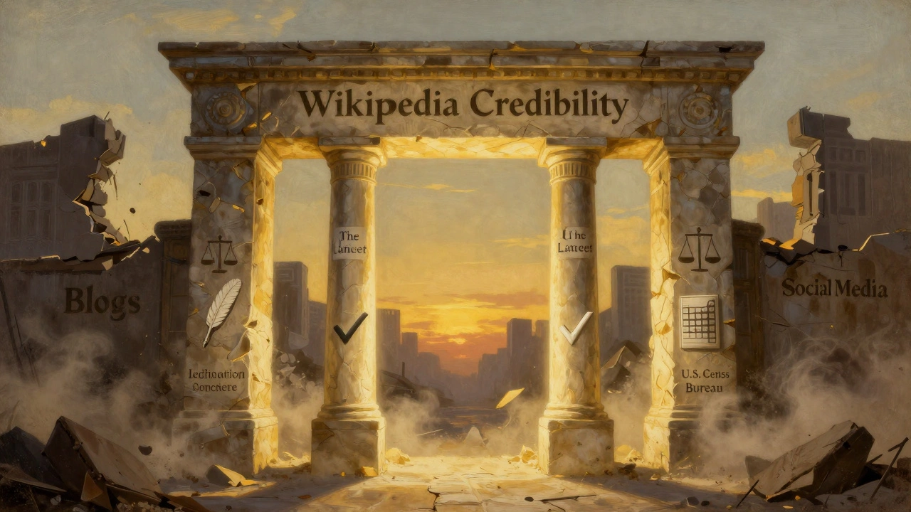 An allegorical stone arch with four pillars representing major reliable sources, surrounded by collapsing structures symbolizing unreliable content.