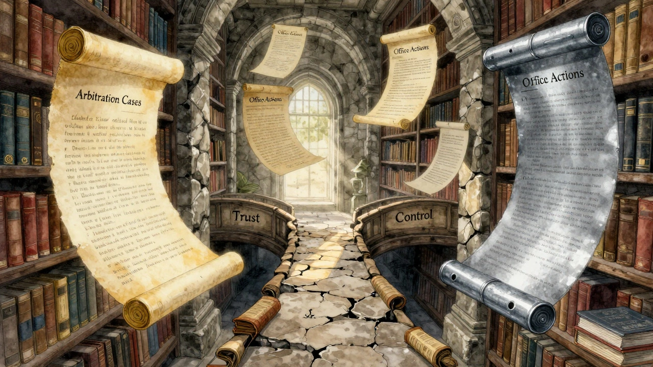 An ancient library with floating community and office decision scrolls, separated by a crumbling bridge of trust and control.