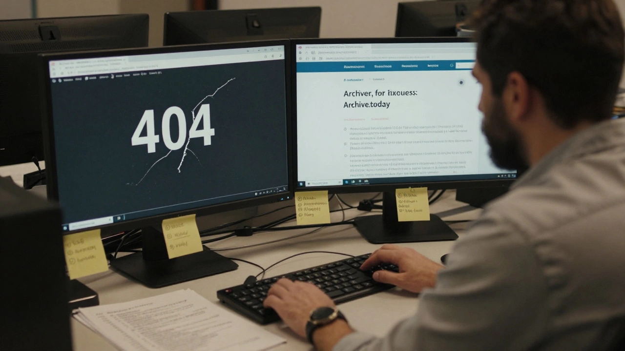 An editor working on a Wikinews article with two monitors showing a broken link and its archived version.