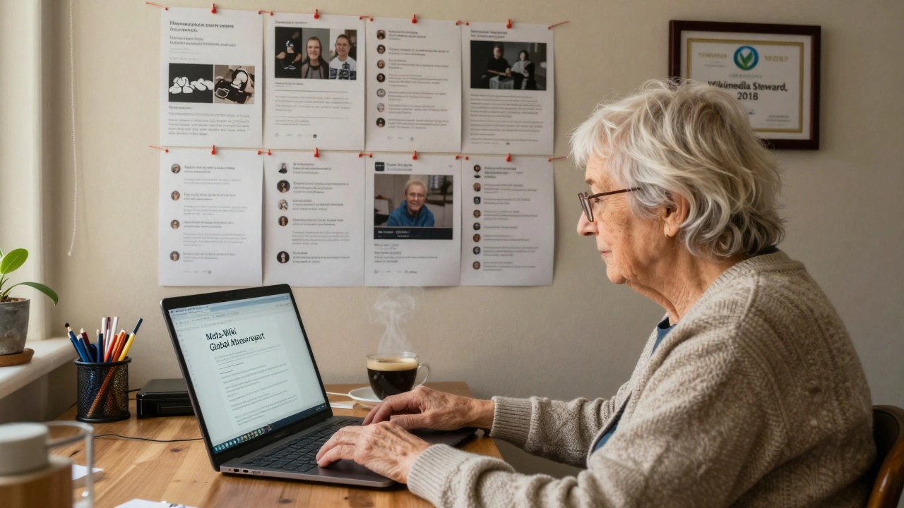 An elderly volunteer in a home office reviewing a Meta-Wiki global abuse report, with pinned screenshots of cross-wiki vandalism on the wall.