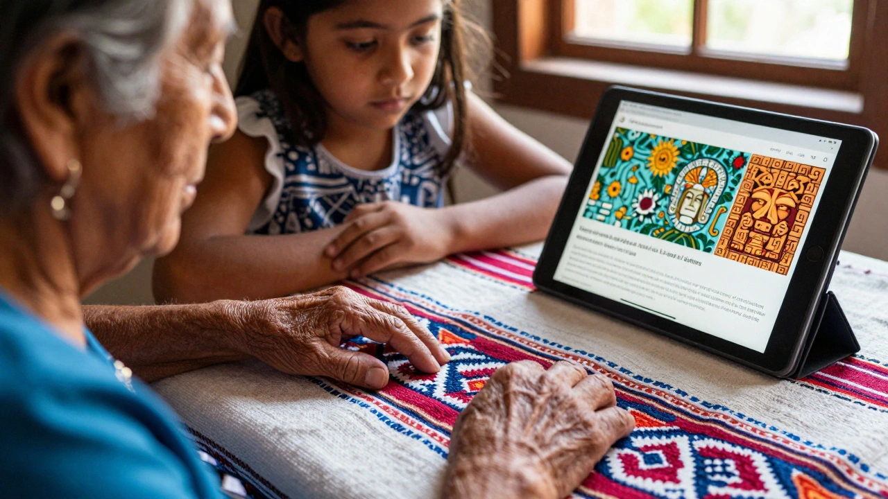 An elderly woman in Mexico shares traditional textile knowledge with a girl viewing a Zapotec-language Wikipedia article.