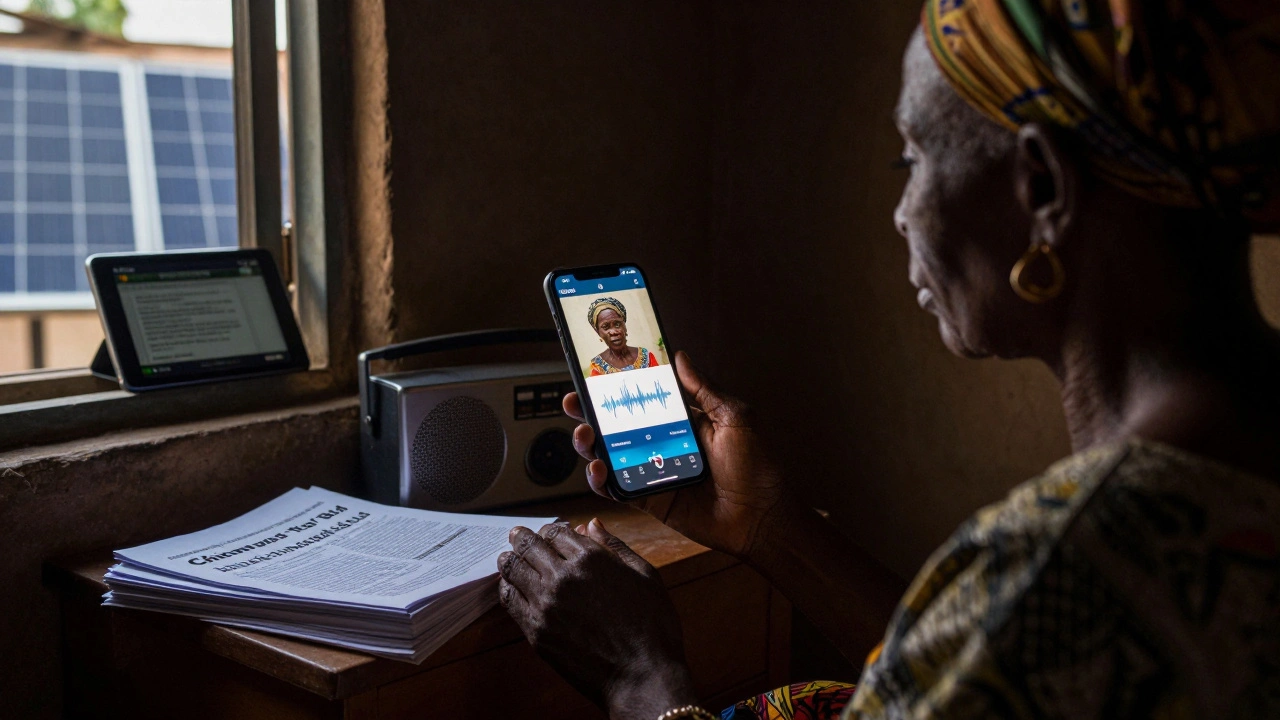 An elderly woman in Nigeria speaks a Hausa story into a mobile app that converts it to a Wikipedia page.