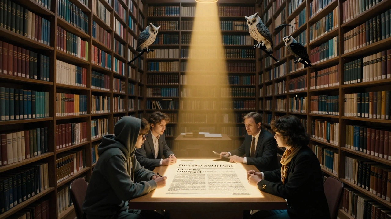 An endless library of reliable sources where editors debate over a glowing article, watched by mechanical bots.