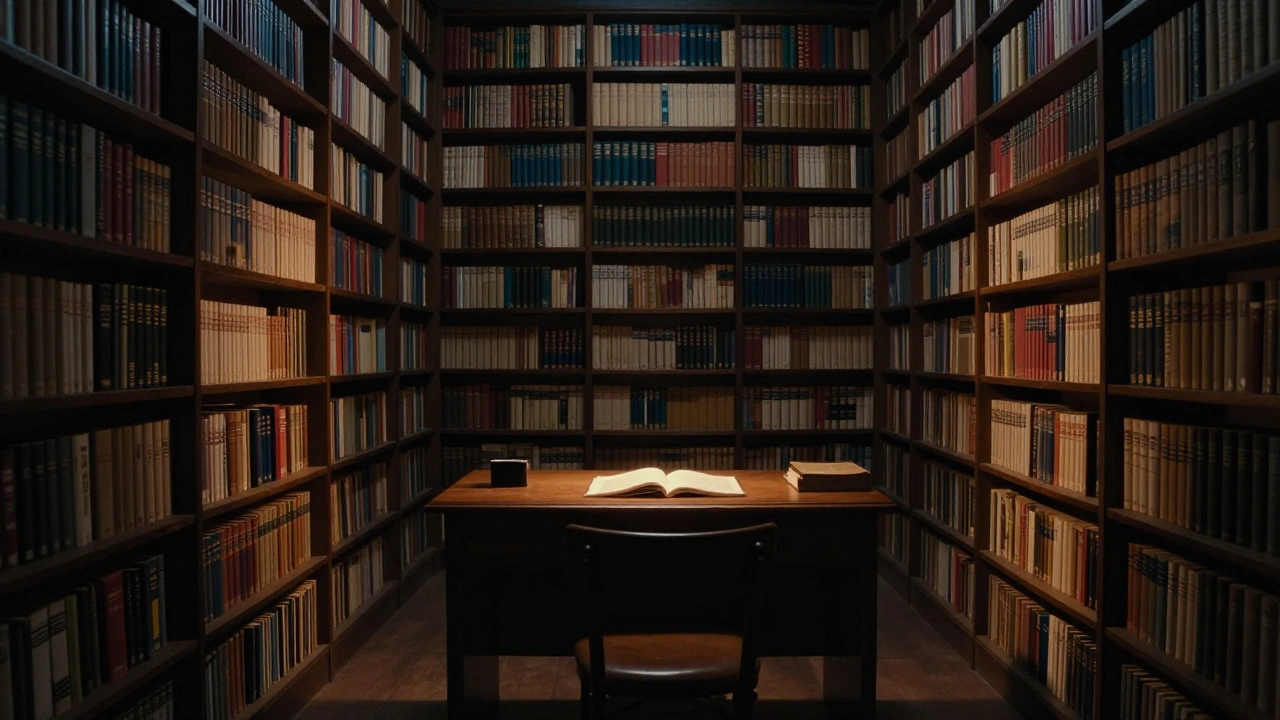 An infinite digital library filled with archived issues of The Signpost, one glowing open on a desk in an empty room.