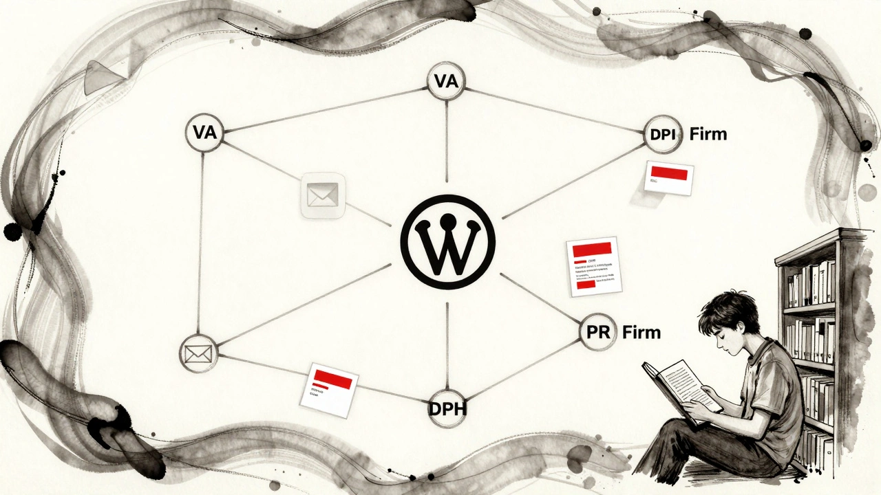 An ink-wash network diagram linking government agencies to Wikipedia, with faint email and IP markers, and a student reading the article.