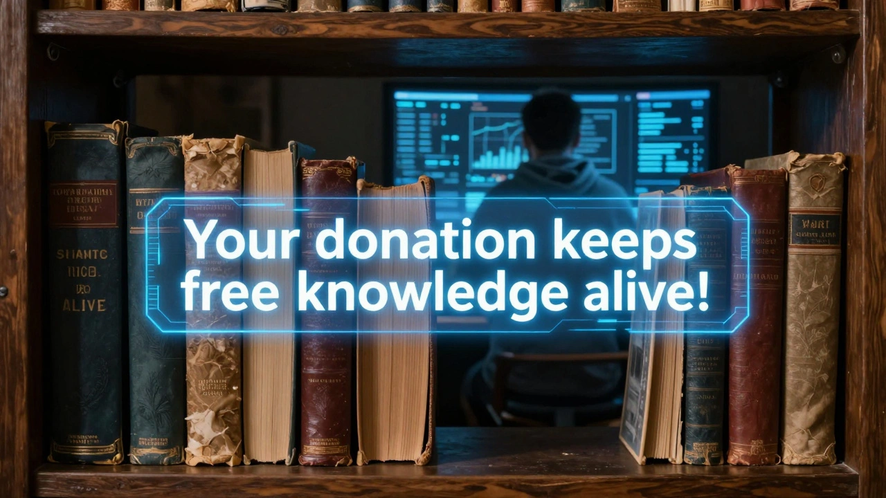 An old library book glowing with a digital donation banner, while a data analyst monitors analytics behind it.