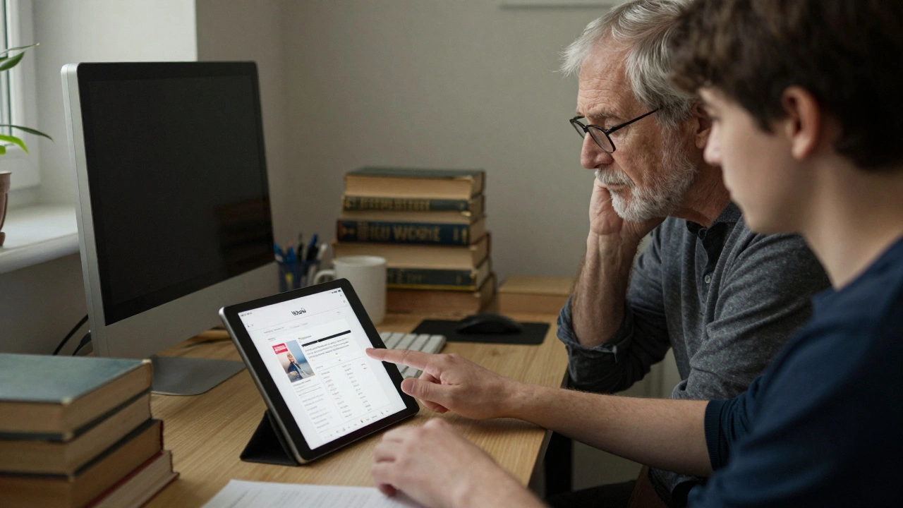 An older editor observing a younger person editing Wikipedia on a tablet, symbolizing knowledge transfer.