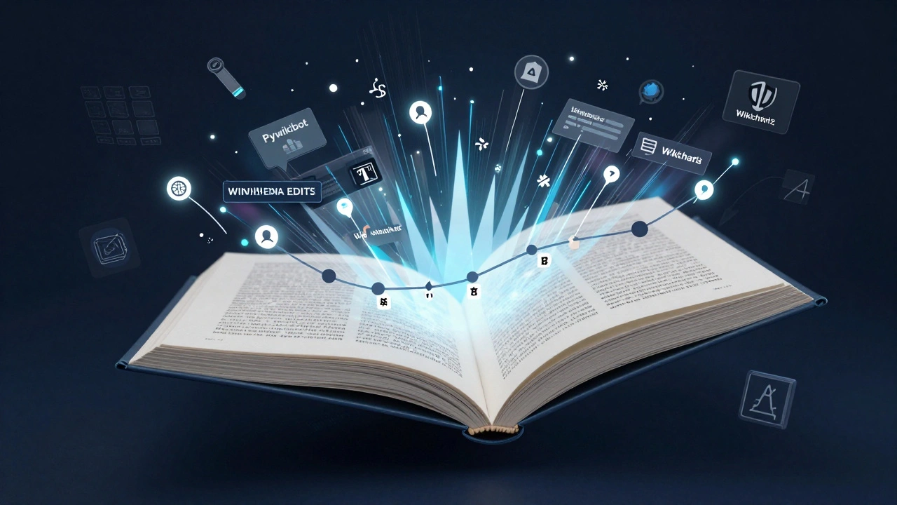 An open book whose pages show Wikipedia edit timelines with analysis markers and research tools.