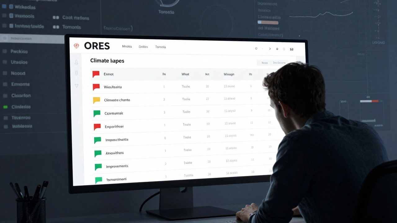 An ORES dashboard showing flagged edits on a climate change article with color-coded trends and an editor analyzing patterns.