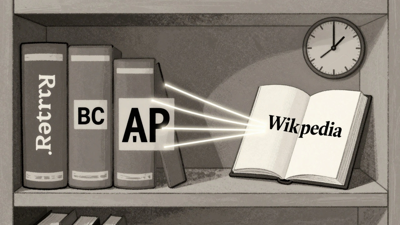 Books from major news outlets feeding information into a Wikipedia volume on a library shelf.