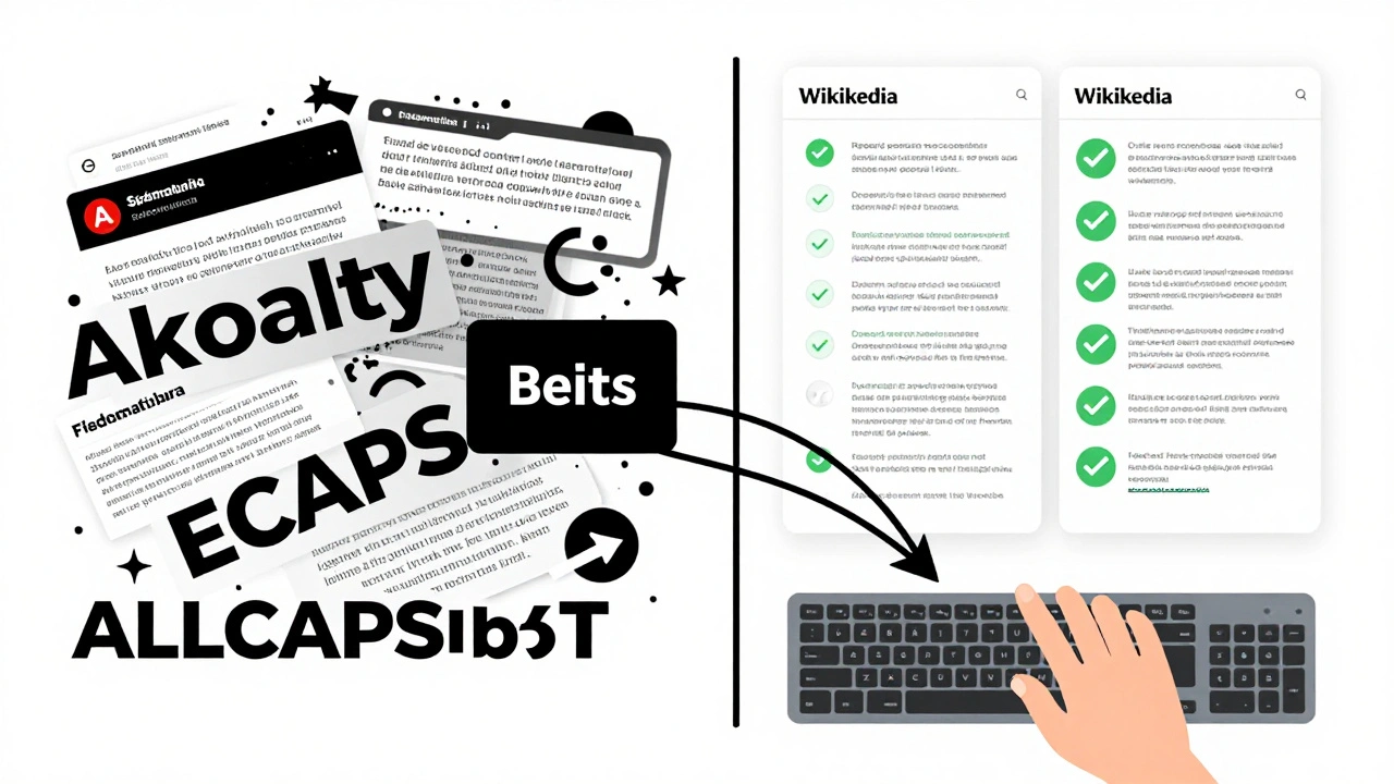 Chaotic vandalism on left transformed into clean articles on right, guided by a simple filter rule being written.