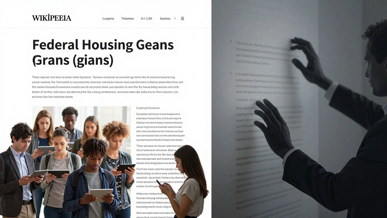 Civilians reading a Wikipedia article while invisible government hands quietly alter its content behind a translucent barrier.