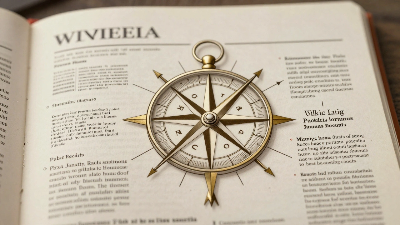 Compass overlay on Wikipedia page, with paths leading to court records, journals, and interviews.