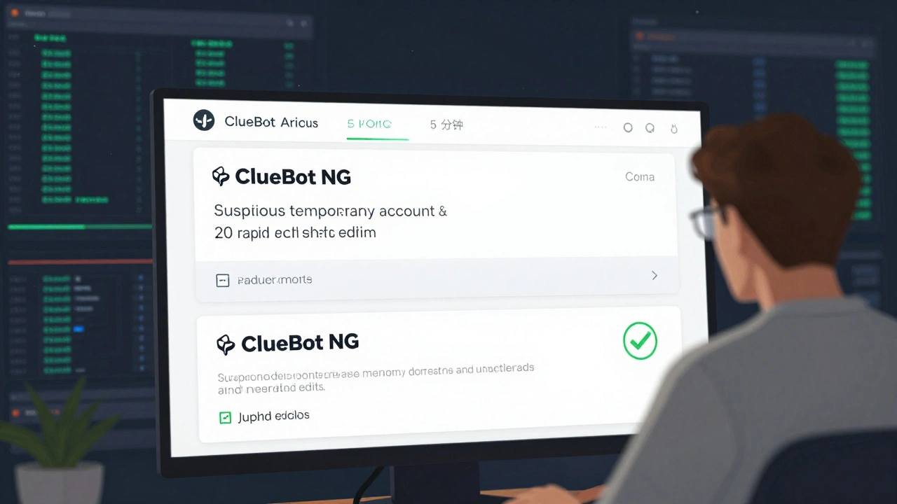 Dashboard showing automated bots detecting vandalism via temporary account patterns.