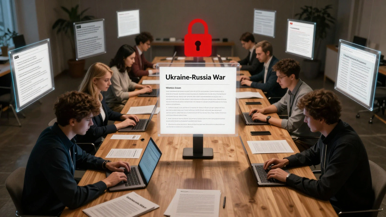 Diverse editors around a table with floating source citations, a red lock above a Wikipedia article titled 'Ukraine-Russia War.'