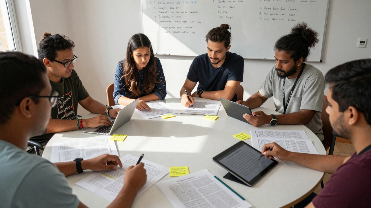 Diverse editors collaborating at a table with printed articles, sticky notes, and tablets during a multilingual edit-a-thon.