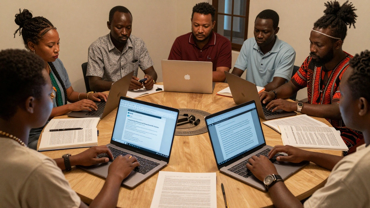 Diverse editors from around the world collaborating on Wikipedia, adding non-Western sources to a digital edit window with translated summaries.