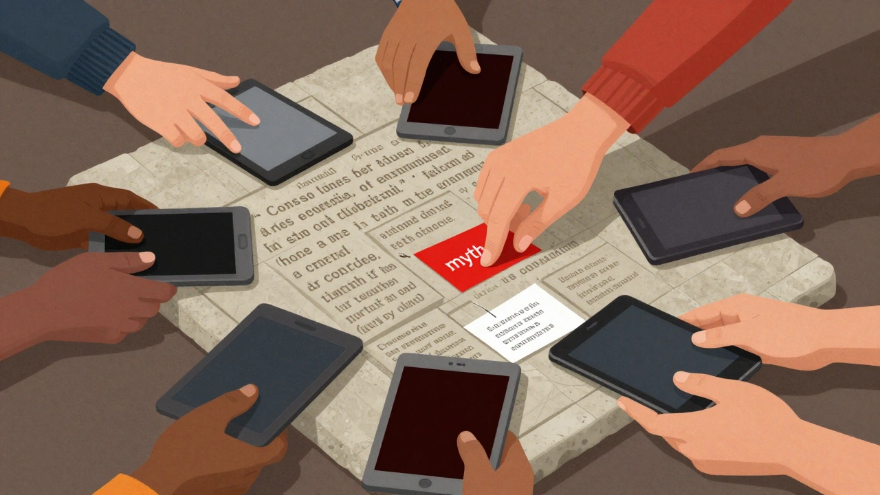 Diverse hands adding verified sources to a changing Wikipedia article, removing misinformation.