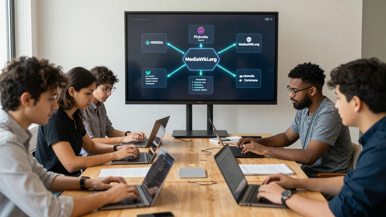 Diverse volunteers collaborating on Wikimedia platforms using laptops and phones in a sunlit workspace, with interconnected systems visible in the background.