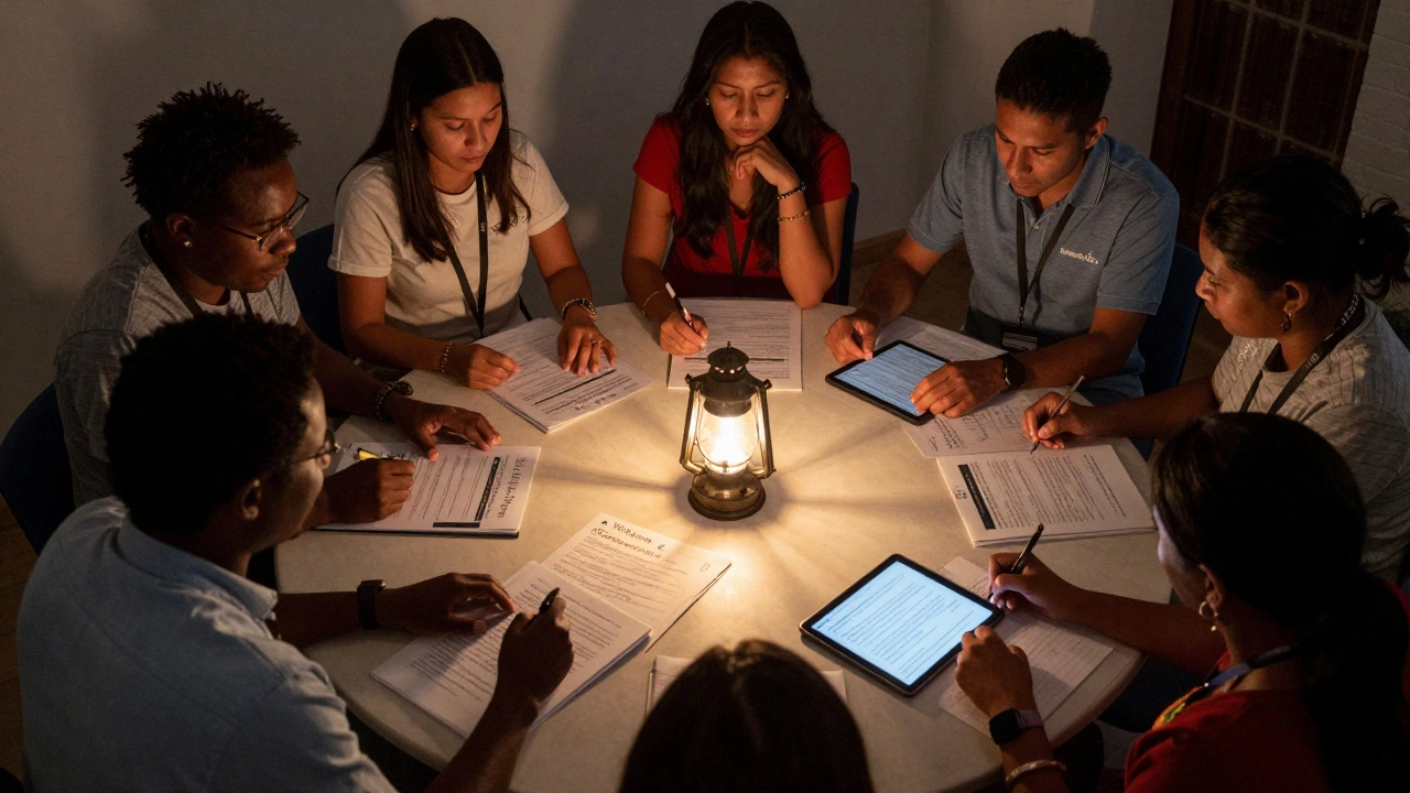 Diverse volunteers from around the world collaboratively translating Wikipedia articles under warm lantern light.