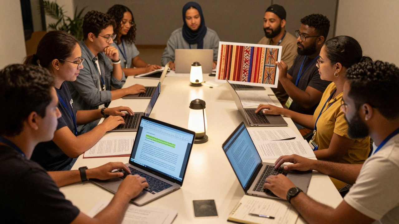 Diverse volunteers using WikiLingo to expand underrepresented Wikipedia articles with local knowledge and sources.