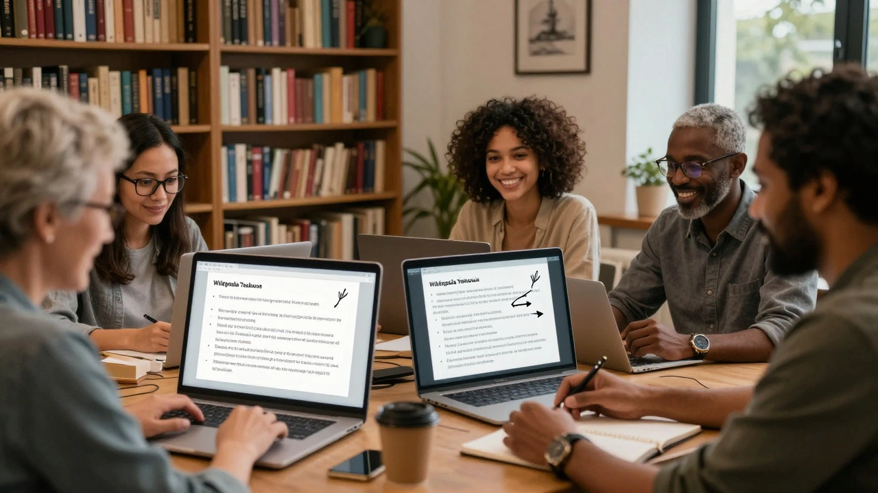 Diverse Wikipedia mentors in a welcoming online space, typing personal replies to new editors.