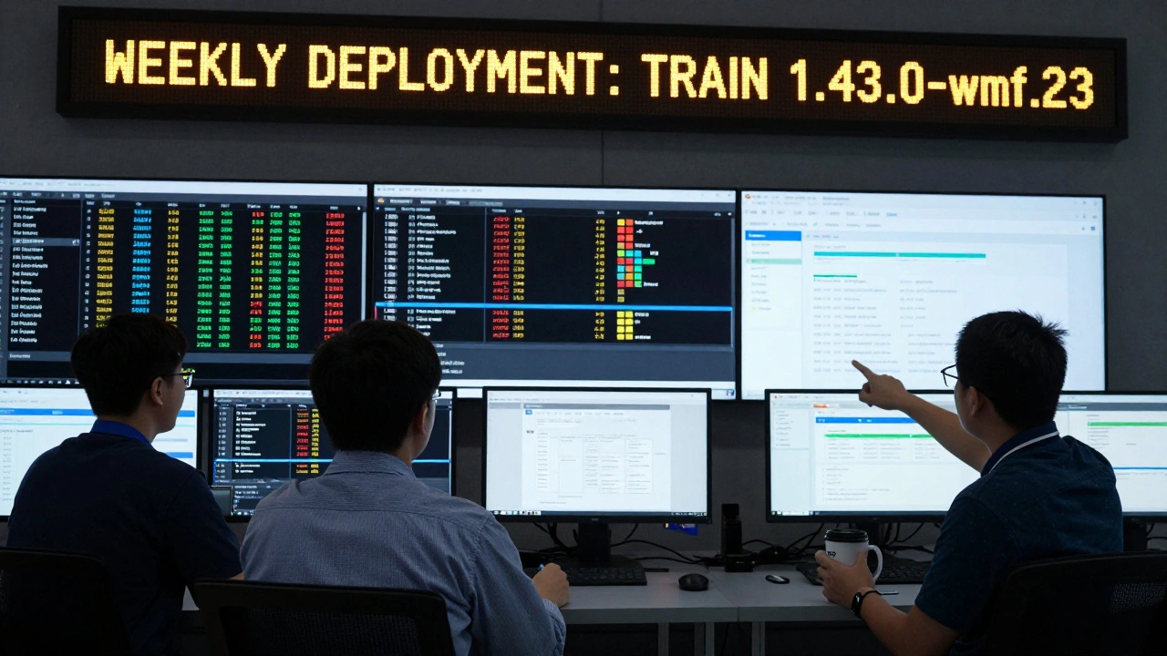Engineers monitoring deployment logs on multiple screens in a control room with a visible train version number.