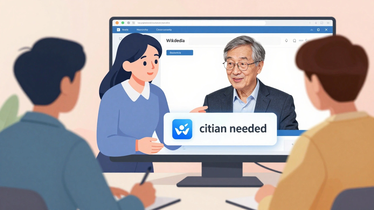 Experienced mentor guiding young editor through Wikipedia tools in virtual workshop.