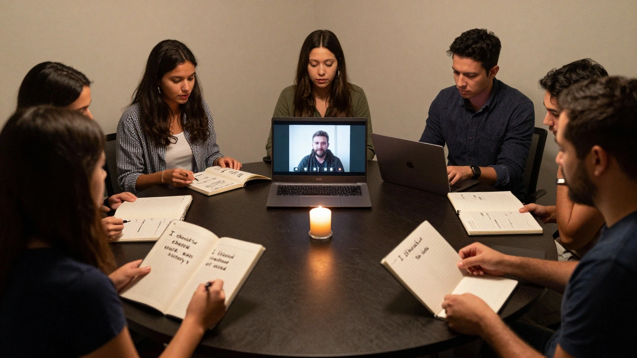 Five admins in a video call, each writing personal reflections in notebooks, with a candle at the center.