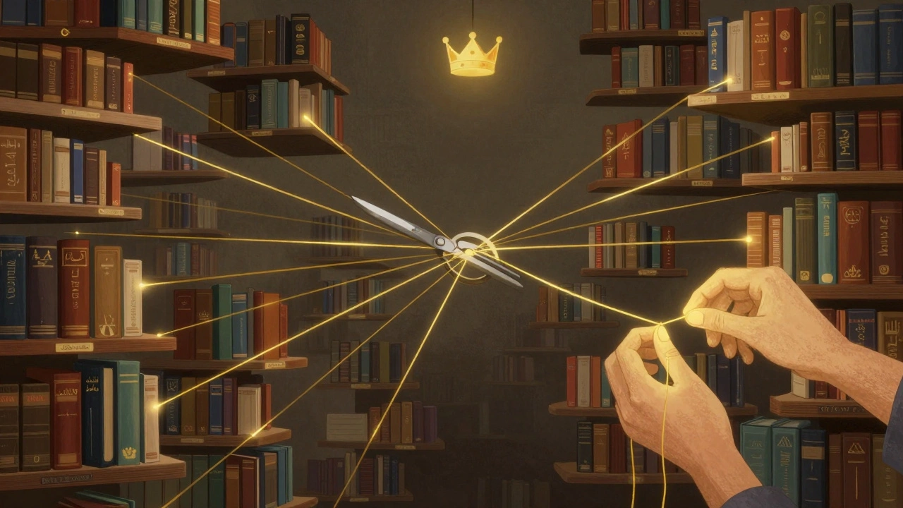 Floating bookshelves in different languages connected by golden threads, one being severed and another rewoven by a glowing hand.