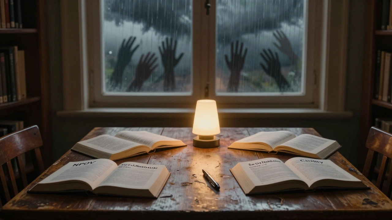 Four policy books on a wooden table in a quiet library, with lamplight glowing against a storm outside.
