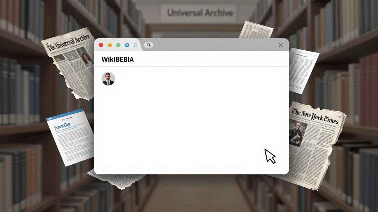 Ghostly fragments of unreliable sources surround an empty Wikipedia biography template.