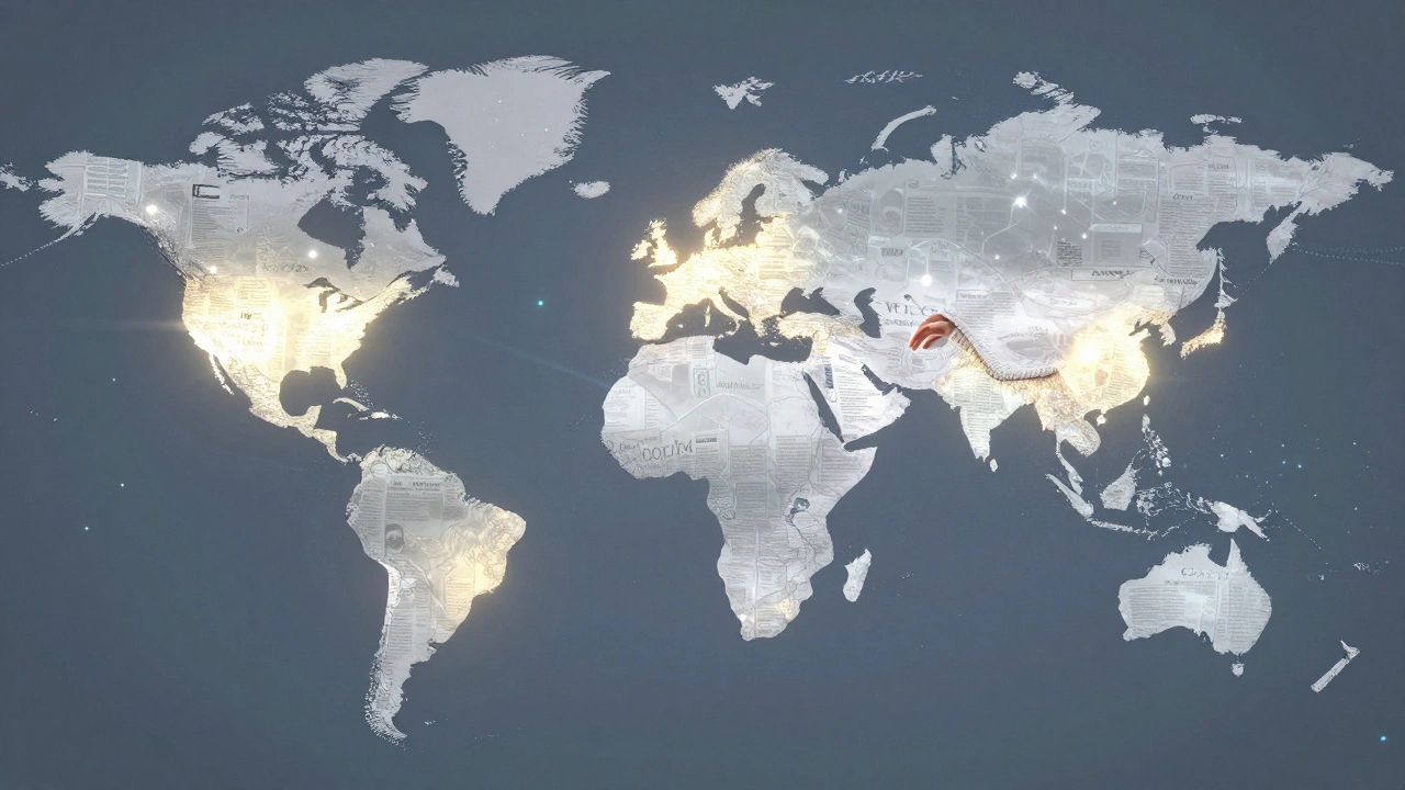 Global map of Wikipedia articles with faint flickering dots representing underrepresented topics gaining light.