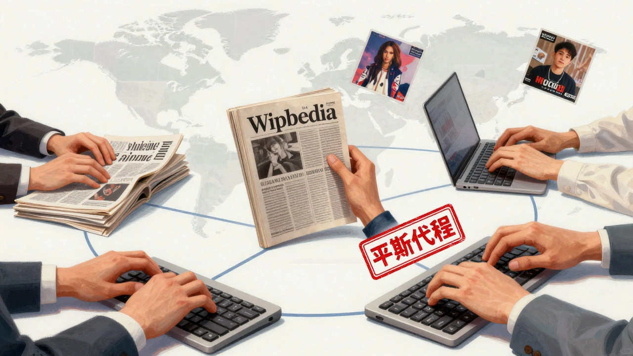 Global network of hands typing on keyboards, each connected to a different Wikipedia language edition with culturally distinct editing symbols.