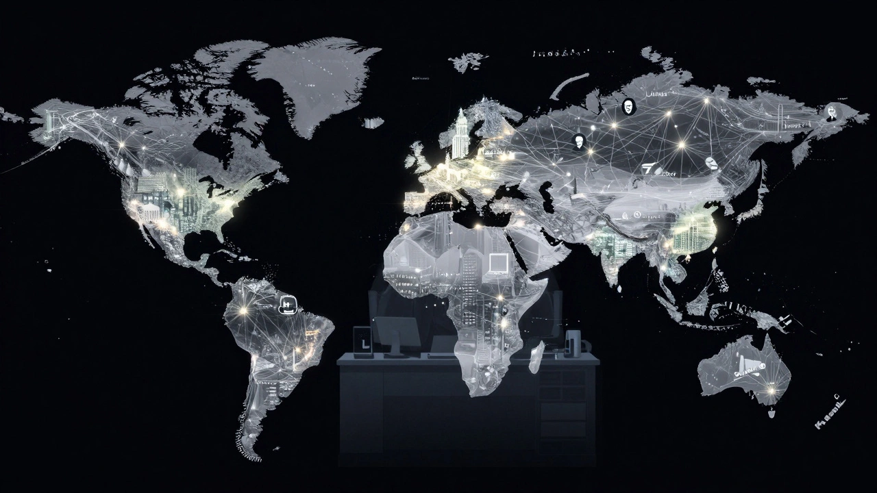 Global network of Wikipedia edits connecting cities with glowing data threads and event icons.