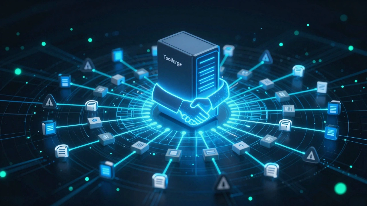 Glowing data streams connect a central Toolforge server to Wikipedia articles, symbolizing automated edits and community collaboration.