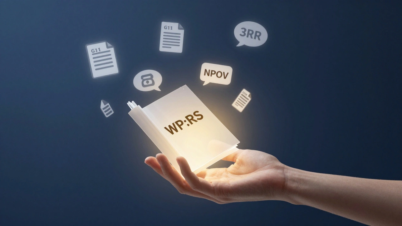 Hand offering a glowing policy book to another hand, surrounded by floating Wikipedia guideline fragments.