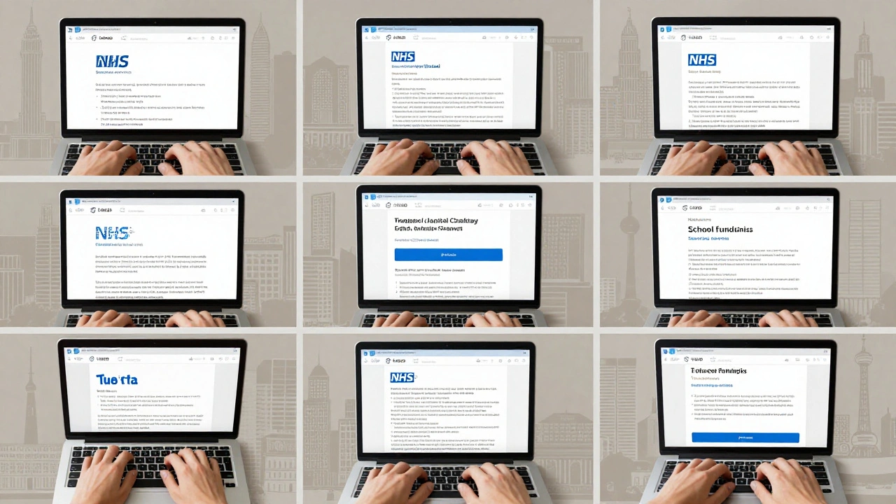 Hands from around the world typing on keyboards, each screen showing corrected Wikipedia articles about local issues.